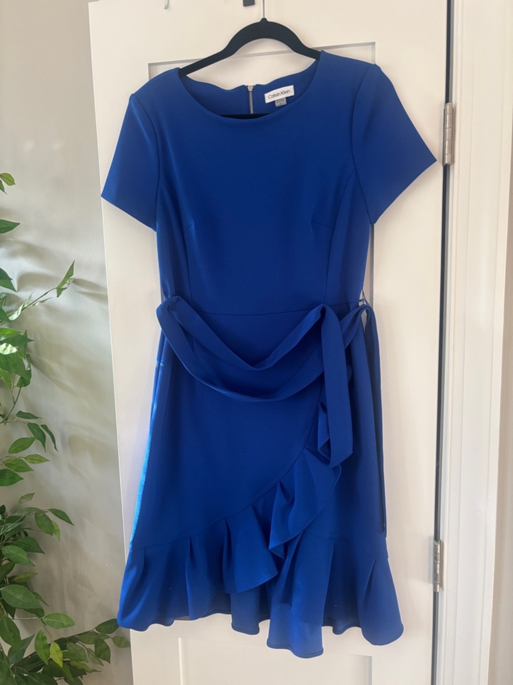 Calvin Klein Cobalt Blue Short Sleeve Ruffle Midi Dress